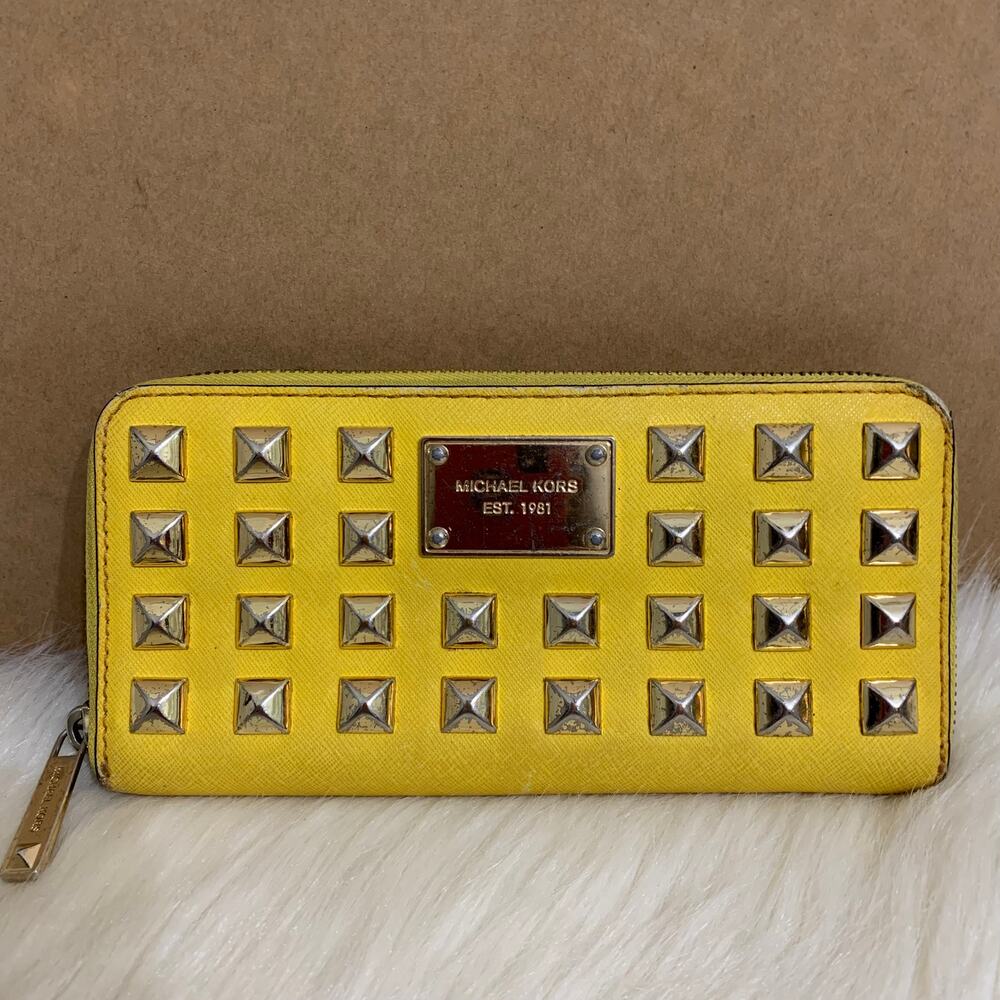 MICHAEL KORS Yellow Pyramid Stud Saffiano Leather Zip Around Continental Wallet